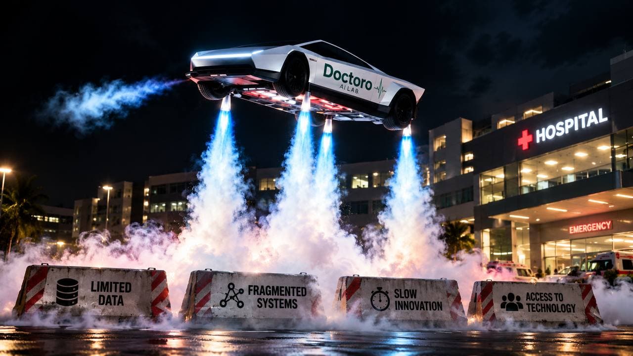 A Doctoro AI Lab car flying past limited data, fragmented systems and slow innovation towards a hospital